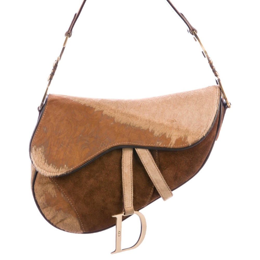 CHRISTIAN DIOR PONYHAIR-TRIMMED SUEDE SADDLE BAG
